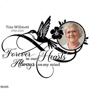 May include: Black and white memorial image with a hummingbird, a flower, and a photo of a woman. The text reads "Tina Willmott 1950-2024 Forever in our Hearts Always on my mind".