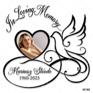 En memoria amorosa paloma por siempre con corazón SVG PNG, marco de fotos descansa en paz SVG, regalo conmemorativo para el día del funeral nombre personalizado fecha foto