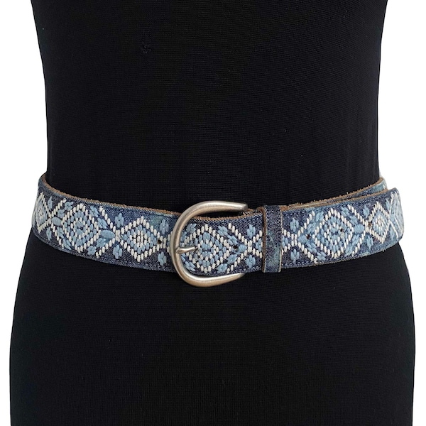 Embroidered denim belt with leather backing