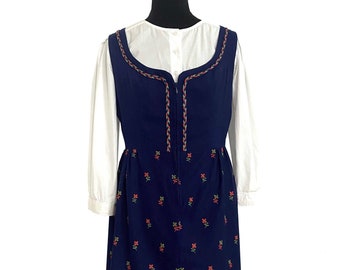 Handmade vintage dirndl, blue with rd and green embroidery flowers, size L/XL