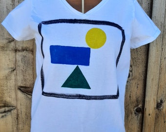 Hand painted t-shirt, white cotton t-shirt, v-neck t-shirt, short sleeve t-shirt
