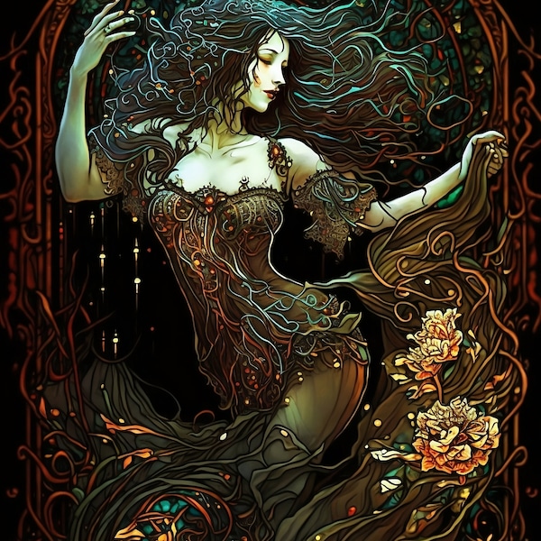 Dark fantasy style stained glass digital print download