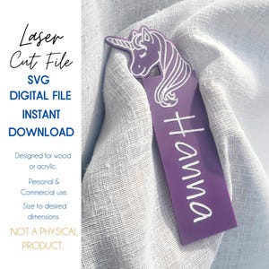 May include: Purple laser cut bookmark with a unicorn design and the name "Hanna" written in white. This is a digital file for instant download.