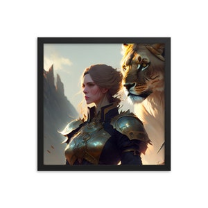 Framed poster with lion and warrior woman