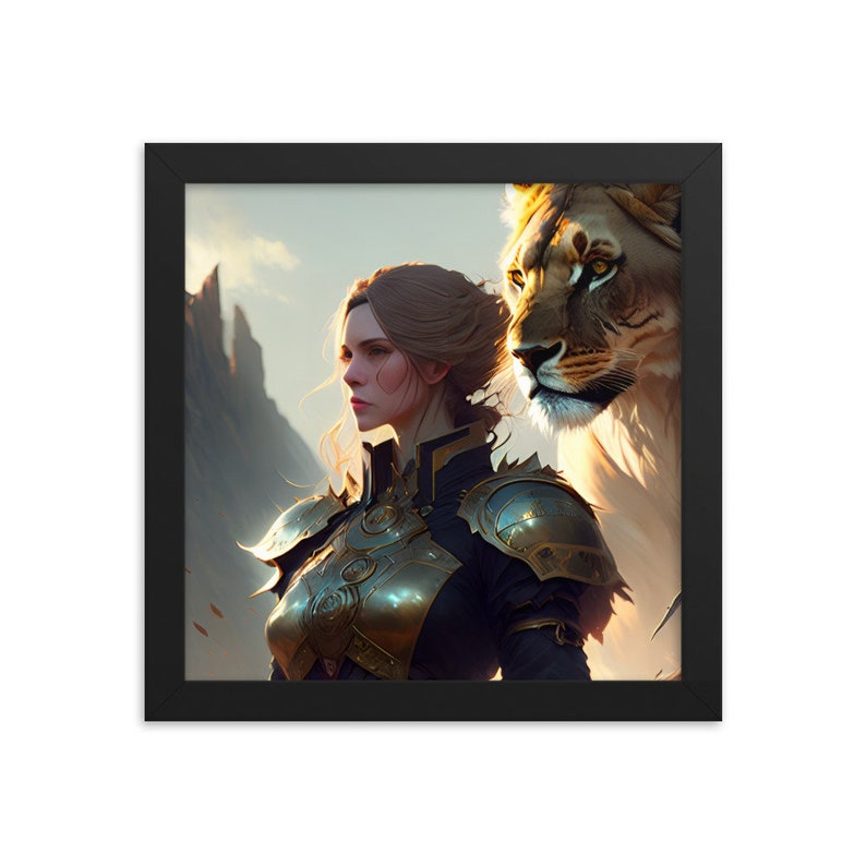 Framed poster with lion and warrior woman
