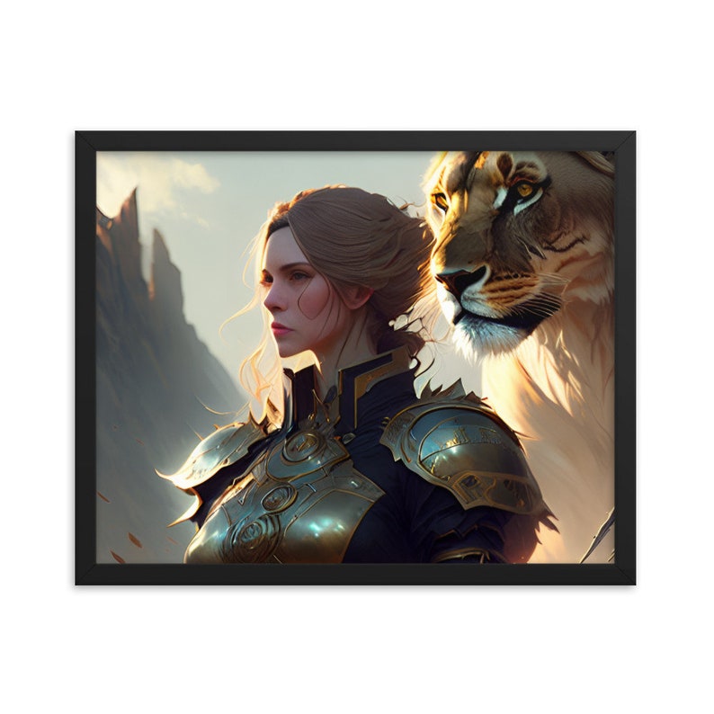 Framed poster with lion and warrior woman