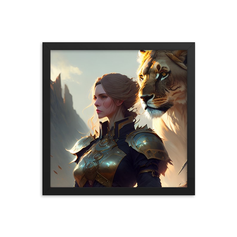 Framed poster with lion and warrior woman