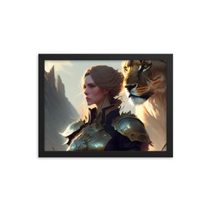 Framed poster with lion and warrior woman