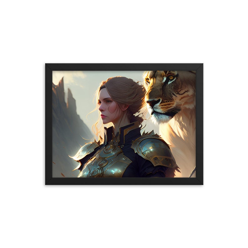Framed poster with lion and warrior woman