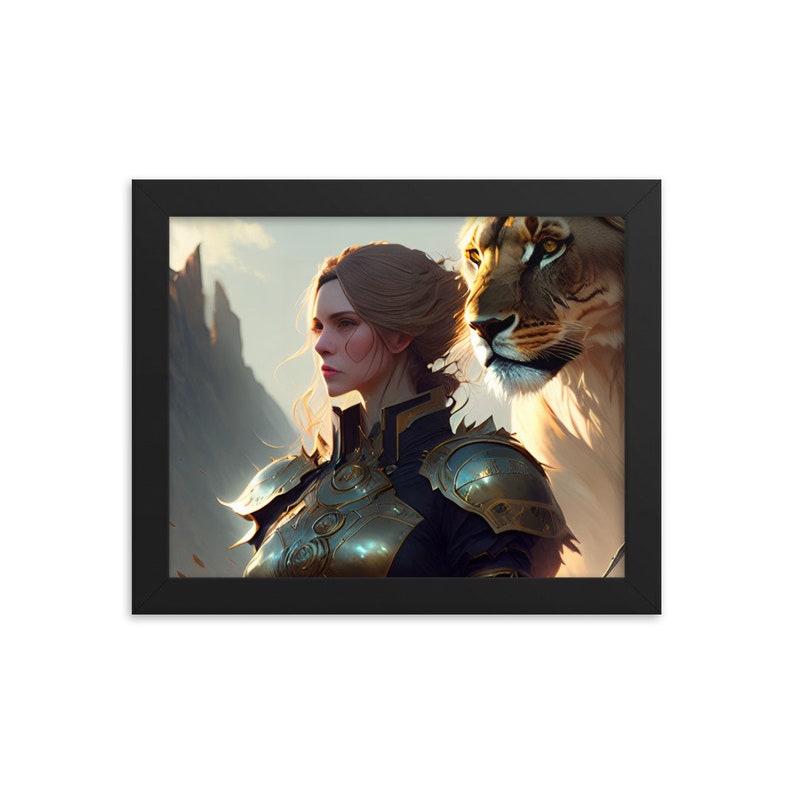 Framed poster with lion and warrior woman