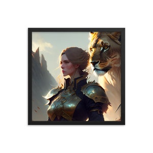 Framed poster with lion and warrior woman