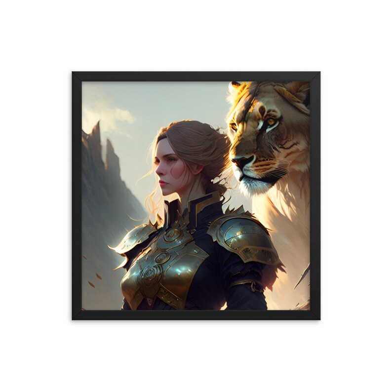 Framed poster with lion and warrior woman