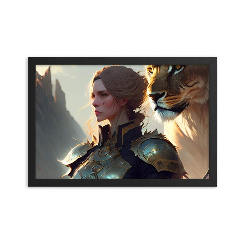 Framed poster with lion and warrior woman