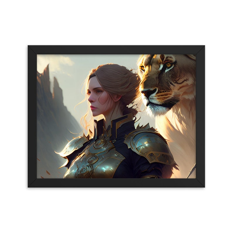 Framed poster with lion and warrior woman