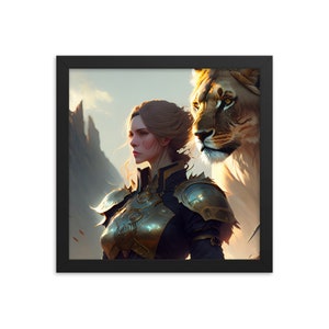 Framed poster with lion and warrior woman