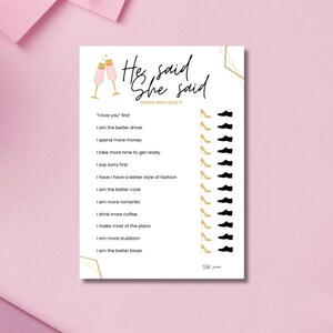 Il a dit qu&#39;elle a dit or de douche nuptiale. Modèle de jeu modifiable, Devinez qui a dit mariage nuptial. Téléchargement instantané