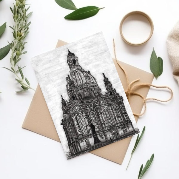 Kunstpostkarte Frauenkirche Dresden – Zeichnung, A6 - Ein monumentales Kunstwerk für Deine Sammlung! Auch für den Versand geeignet ;)