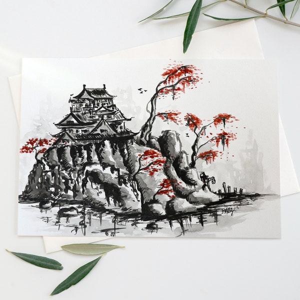 Postkarte "Burg Ōsaka auf einem Berg" – Tuschezeichnung – Kunstpostkarte, A6