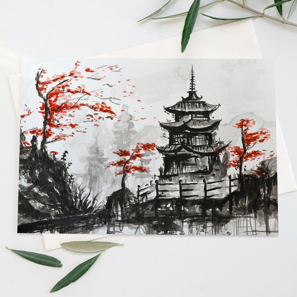 Postkarte "Japanischer Tempel" – Tuschezeichnung – Kunstpostkarte, A6 - Auf den Spuren der japanischen Welt