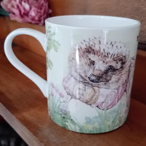 May include: A white ceramic mug featuring a detailed watercolour-style illustration of a hedgehog wearing a pink garment. The hedgehog is depicted standing among green foliage and small flowers. The mug has a curved handle and a smooth finish.