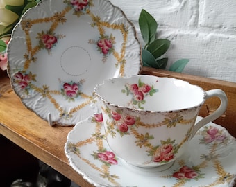 Vintage English Bone China Crown Stafford Teacup Trio- Handpainted