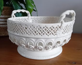 Classical Royal Creamware Fine Handcrafted china reticulated Large Fruit Bowl. Twisted handles. Vintage Collectable. Great condition.