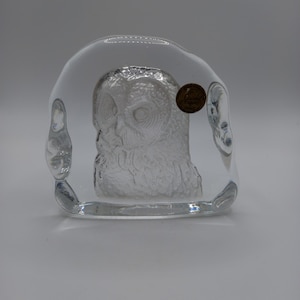Vintage Cristal D&#39;Arques Clear Crystal owl slab paperweight , made in France.