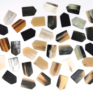 Può includere: Una collezione di pezzi in corno a forma di scudo in vari colori naturali, tra cui nero, crema, beige e grigio. Ogni pezzo presenta una superficie liscia e lucida con motivi organici unici e variazioni di tonalità.