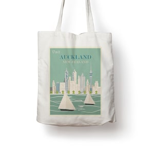 Sac fourre-tout en coton Auckland, Nouvelle-Zélande, affiche de voyage vintage