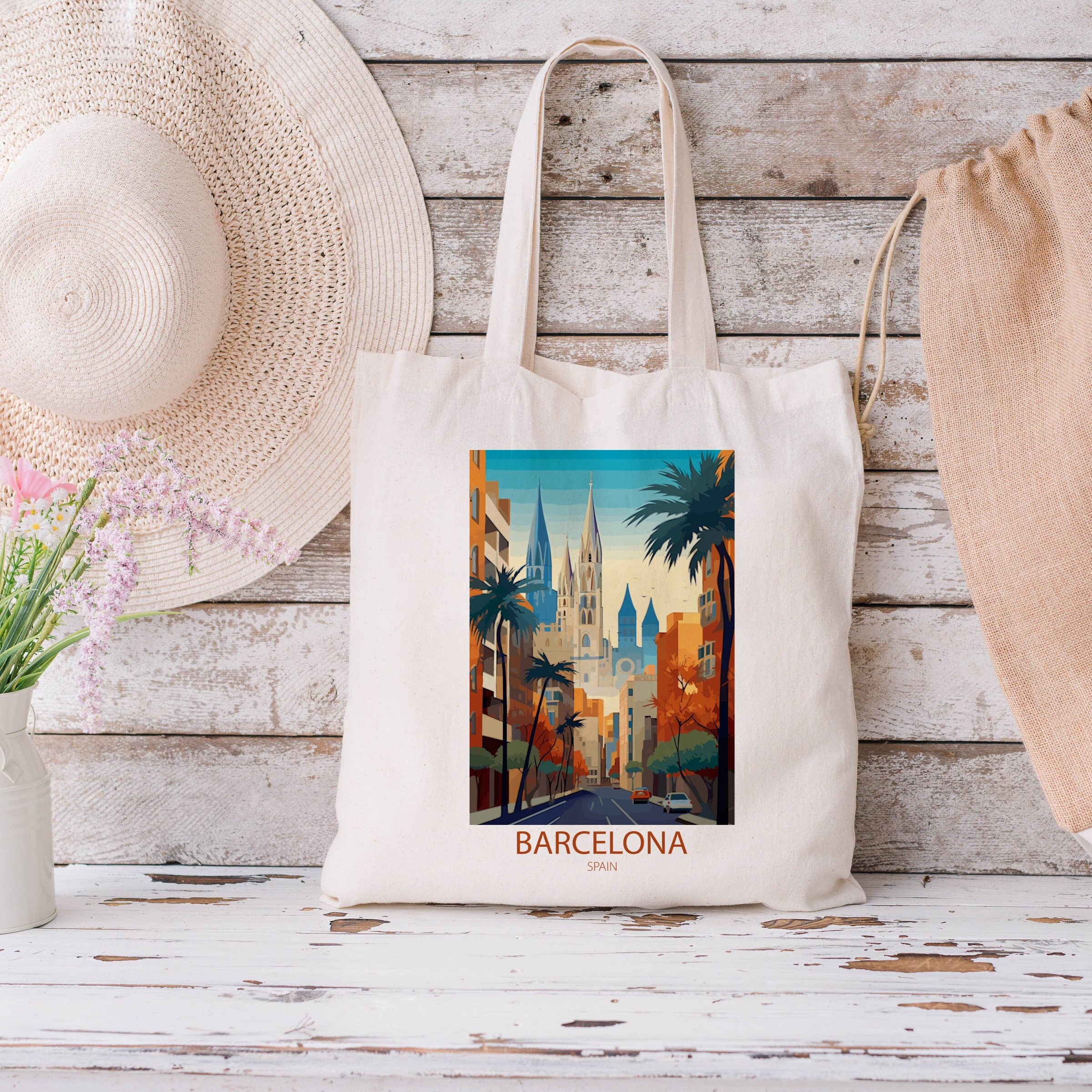 Barcelona Spain Retro Vintage Travel Poster Cotton Tote bag