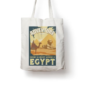 Bolsa de algodón con póster de viaje vintage de las pirámides de las aventuras de Egipto