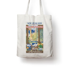 Sac cabas en coton avec affiche de voyage rétro vintage Christchurch, Nouvelle-Zélande