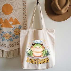 Sana Sana Tote Bag, Funny Latina Gift, Puerto Rican Cultural Tote with Frog Design, Hispanic Heritage Shopping Bag for Women