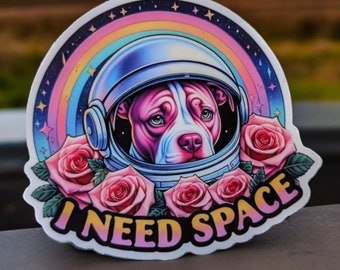 May include: A pink and white dog wearing an astronaut helmet with a rainbow and stars background. The text "I NEED SPACE" is written below the dog.
