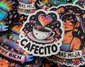 Cafecito Sticker - Cute Spanish Sticker, Waterproof and Weather resistant - Latina Cafecito y Chisme Design - Spanish gift