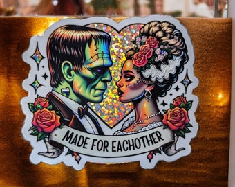Monster Romance Sticker - Glitter Vinyl  Waterproof Frankenstein and Bride Sticker, Spooky Aesthetic - Laptop, Water Bottle, calcomania