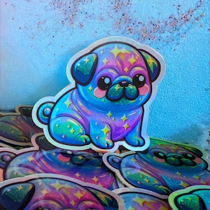 May include: A holographic sticker of a cartoon pug with a rainbow and star pattern. The sticker is iridescent and has a glossy finish.