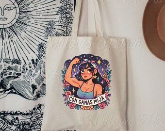 Con Ganas Mija Tote Bag - Cute Spanish Empowerment Design - Latina Owned - Cute Latinx tote bag for books - Perfect Holiday Gift