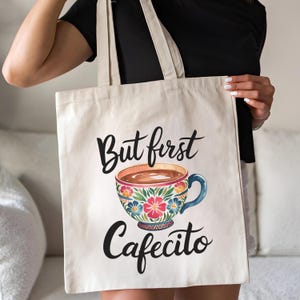But First Cafecito Tote Bag, Latina Coffee Lover Gift, Puerto Rican Cultural Pride Bag, Funny Hispanic Shopping Tote for Women
