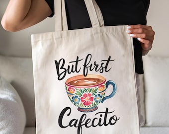 But First Cafecito Tote Bag, Latina Coffee Lover Gift, Puerto Rican Cultural Pride Bag, Funny Hispanic Shopping Tote for Women