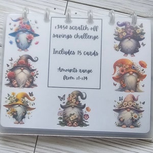 Gnome Scratch off disc bounded binder//savings challenge//cash envelopes//cash trackers//laminated challenges//scratch off savings challenge