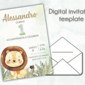 Puede incluir: Una plantilla de invitación digital con un lindo león de dibujos animados sobre un fondo verde acuarela. El texto dice "Alessandro cumple 1 Acompañanos a celebrar Marzo 9 4 PM - 8 PM Francisco de Miranda 2239, Jose C Paz".