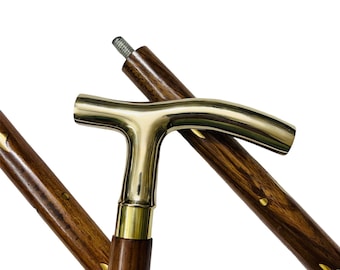 Handmade Wooden Walking Cane with Brass T Handle – Nautical Style Walking Stick
