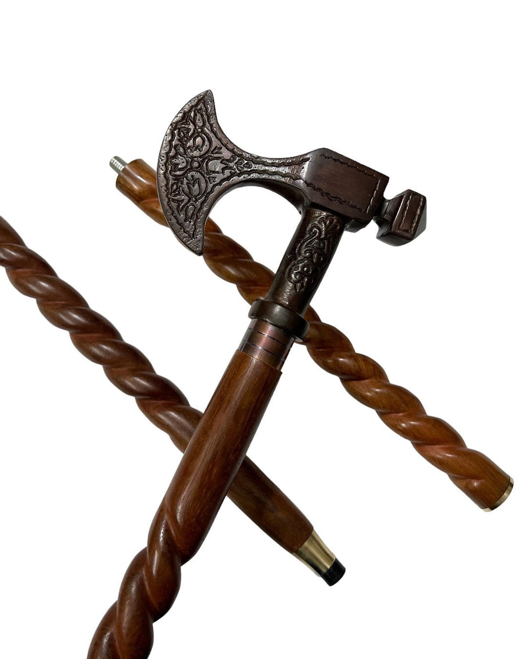 Axe Head Walking Stick, Victorian Wooden Walking Stick, Spiral Cane, Nautical Gentlemen Walking