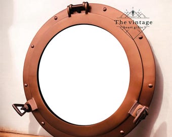 Espelho náutico de cobre em formato de vigia | Decoração de parede para casa com estilo costeiro | Espelho marítimo steampunk