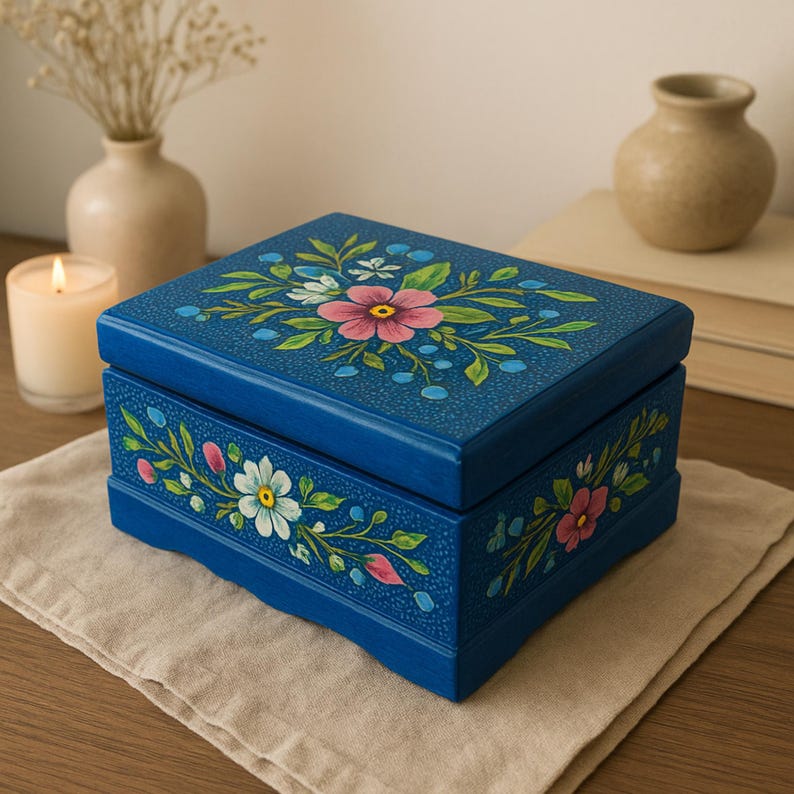 Boxk Hand-painted Floral Blue Wooden Box, Jewelry Keepsake Organizer - Etsy