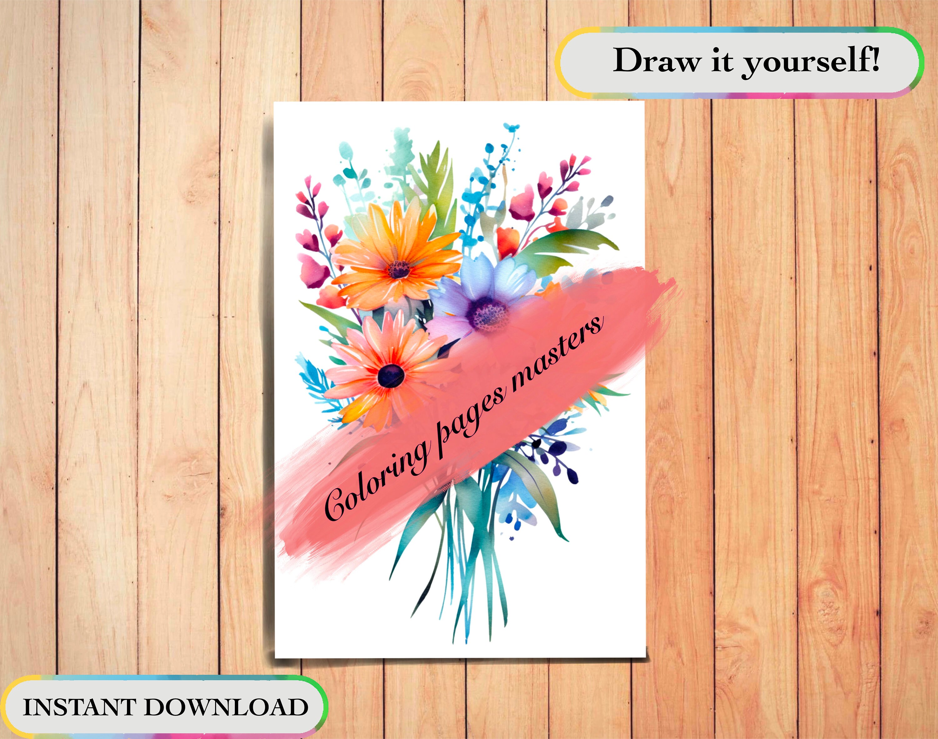 Watercolor Flowers Coloring Page Book for Adults and Kids-instant ...