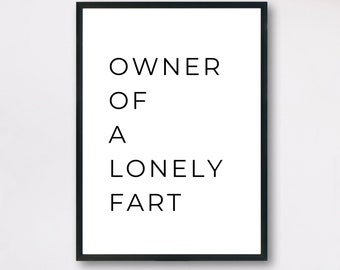 May include: Black and white typography print with the text "OWNER OF A LONELY FART" in a minimalist style. The print is framed in a black frame.