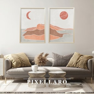 Japandi Sun and Moon Landscape Prints: Minimalist Wabi Sabi Art (Digital Download)