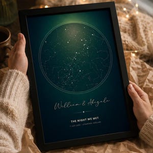 May include: A framed star map print featuring a circular celestial chart on a dark teal background. The text reads William & Abigale, THE NIGHT WE MET, and 7 JULY 2022, STAMFORD, ENGLAND. The print is encased in a simple black rectangular frame.